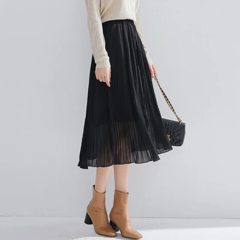

2020 new new high waist solid color pleated skirt simple and generous skirt female