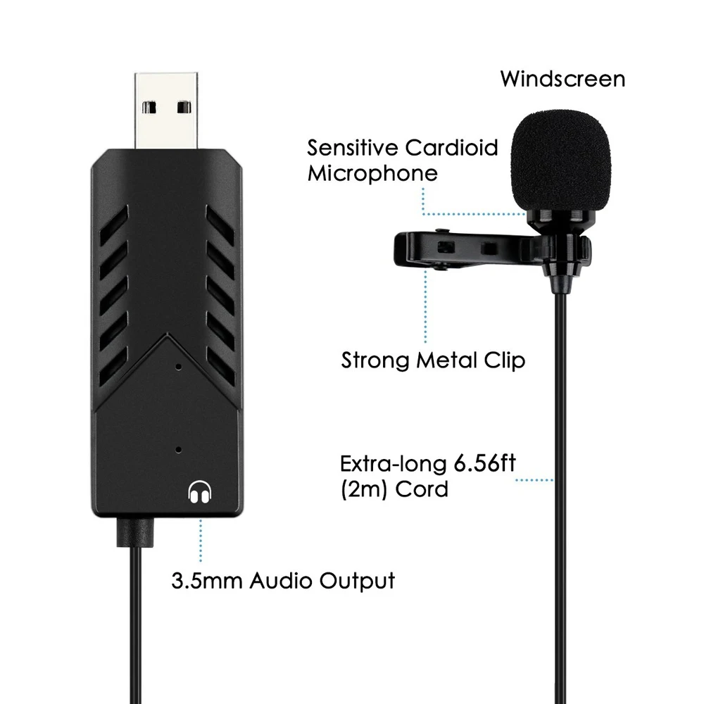 Портативный конденсаторный кардиоидный микрофон с зажимом, USB компьютерный микрофон с отворотом, Одна Головка, подключи и играй, с металлическим зажимом, звуковая карта