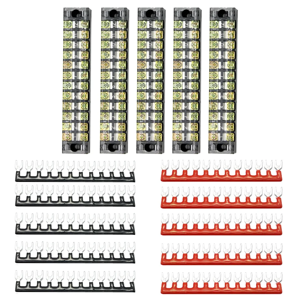 5 Sets 12 Positions Dual Row 600V 15A Screw Terminal Strip Blocks with Pre-Insulated Terminals Barrier Strip (Black & Red)