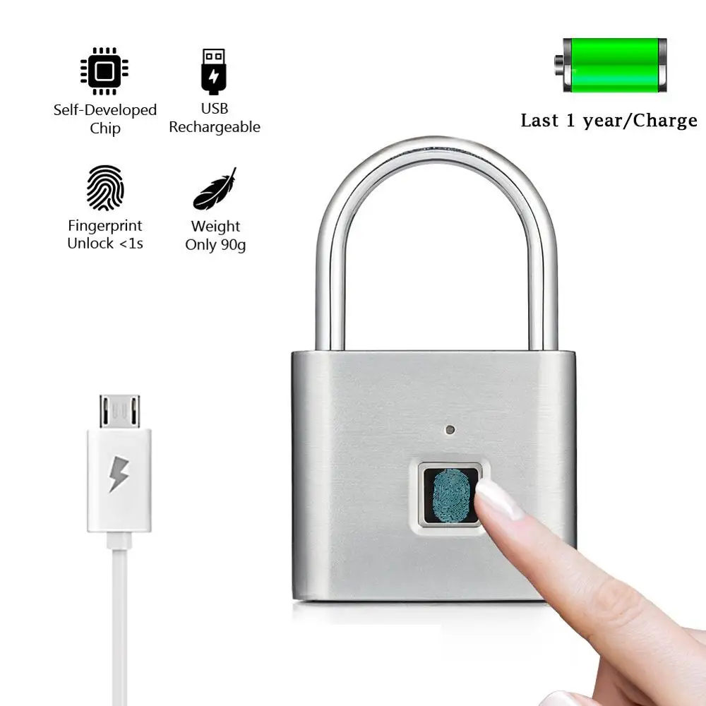 

New Rechargeable USB Fingerprint Keyless Door Lock Smart Padlock Quick Unlock Zinc Alloy Metal Self Developing Chip USB Charging