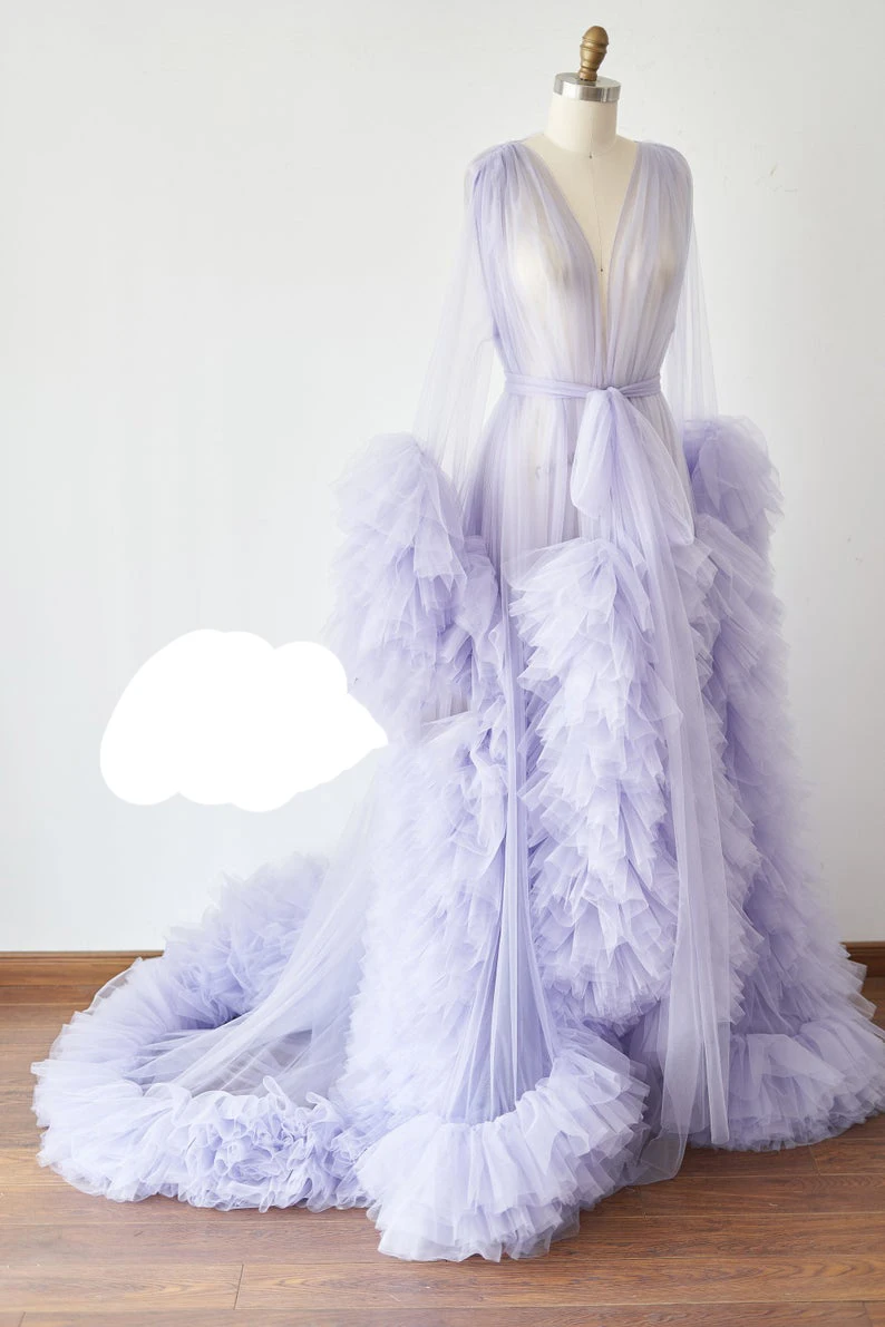 Bathrobe for Women Sky Blue Feather Full Length Lingerie Nightgown Pajamas Sleepwear Women\'s Luxury Gowns Housecoat Nightwear