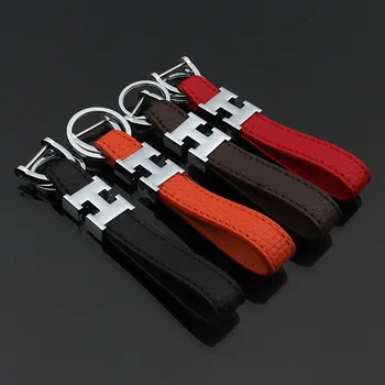 

10pcs Metal H Letter Horseshoe Buckle Leather Keychain Luxury Litchi Leather Car Key Chain Keyfob Keyholder Auto Keychains