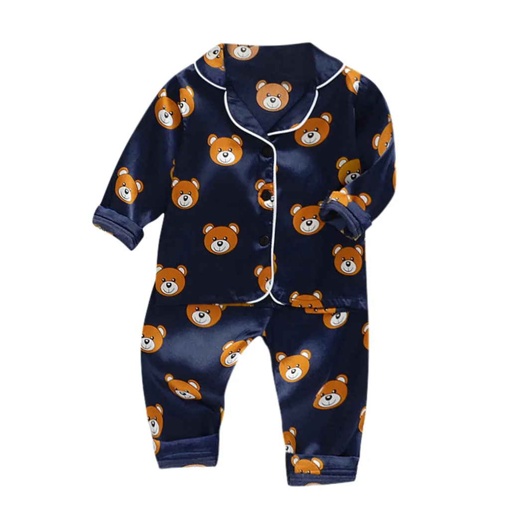 Пижамы для маленьких мальчиков и девочек; топы с длинными рукавами и принтом медведя из мультфильма; штаны; одежда для сна на пуговицах; осенние пижамы для детей