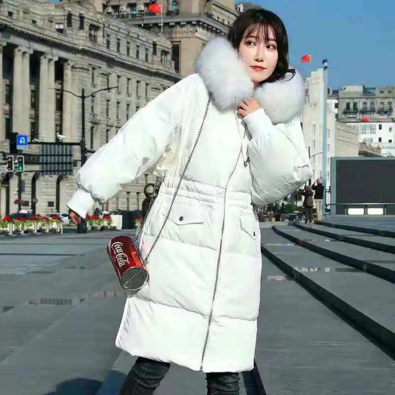 Стиль, Южная Корея, Dongdaemun, пуховик, женский, средней длины, выше колена, с завязками на талии, обнимает, большой размер, свободный крой, Padd