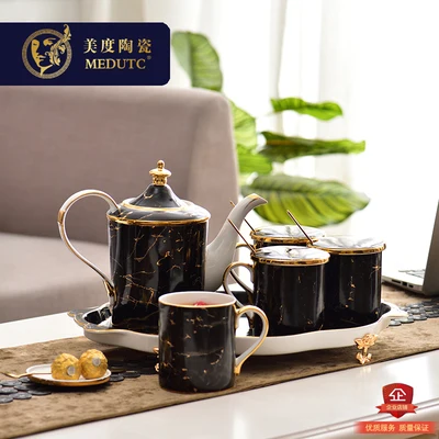 American Ceramic Coffee Set Cold Water Pot Black Gold Marble Afternoon Tea With Tray Cup LidAnd spoon Home Drinkware | Дом и сад