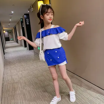 

2020 New Kids Baby Girls Clothes Sets Summer Suit T-Shirt with Wide Shoulder Straps Top + Shorts Two-piece Fashion Sport Outfits