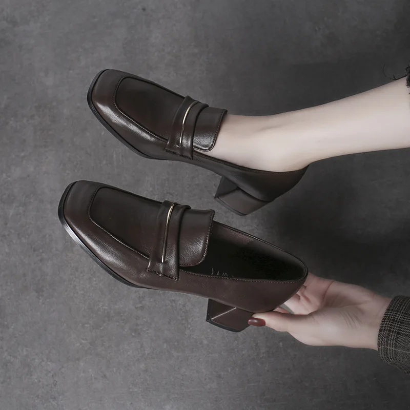 

Square Head Chunky-Heel Small Leather Shoes Women's 2019 Spring And Autumn New Style Versatile Women's Slip-on British-Style Sem