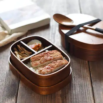 

New Wooden Lunch Boxes for Food Japanese Style Sushi Bento Lunchbox For Kids School Outdoor Dinnerware Bowl Food Container