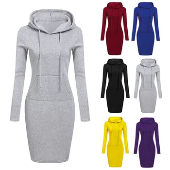 

Bikitique Multicolor Hooded Lace Up Pocket Long Sleeve Plush Sweater Casual Commuter Hat Round Neck Slim Pack Hip Dresses