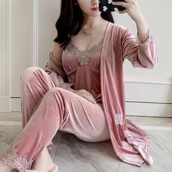 

Autumn Winter Warm Nightwear Pijamas Women Casual Pajamas Suit 3pcs Sleepwear Sleep Set Long Sleeve Home Clothes Kimono Robe