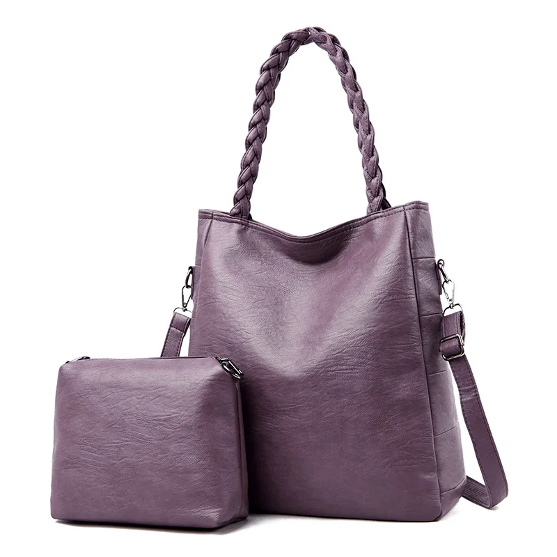 Женские Сумки из искусственной кожи сумки через плечо 2 комплекта кошельки и сумки Большая вместительная сумка-тоут сумки через плечо для женщин - Цвет: Фиолетовый