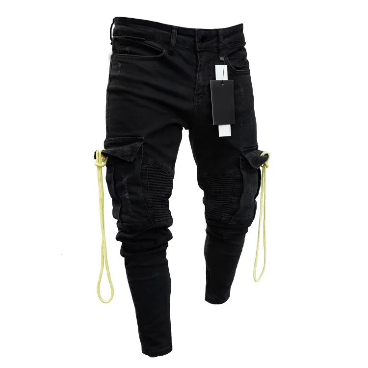 Men Black Cargo Jeans With Pocket Long Slim Fit Denim Pencil Pants Combat Biker Casual Stretch 3