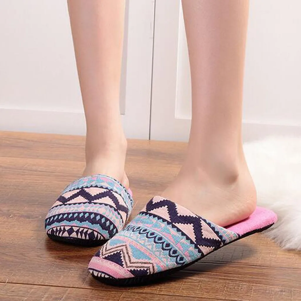 

Non-slip Winter Slippers Women Home Print Slippers Bohemian Style Cotton Mop Big Size Rubber Round Toe Flat with Indoor Shoes 30