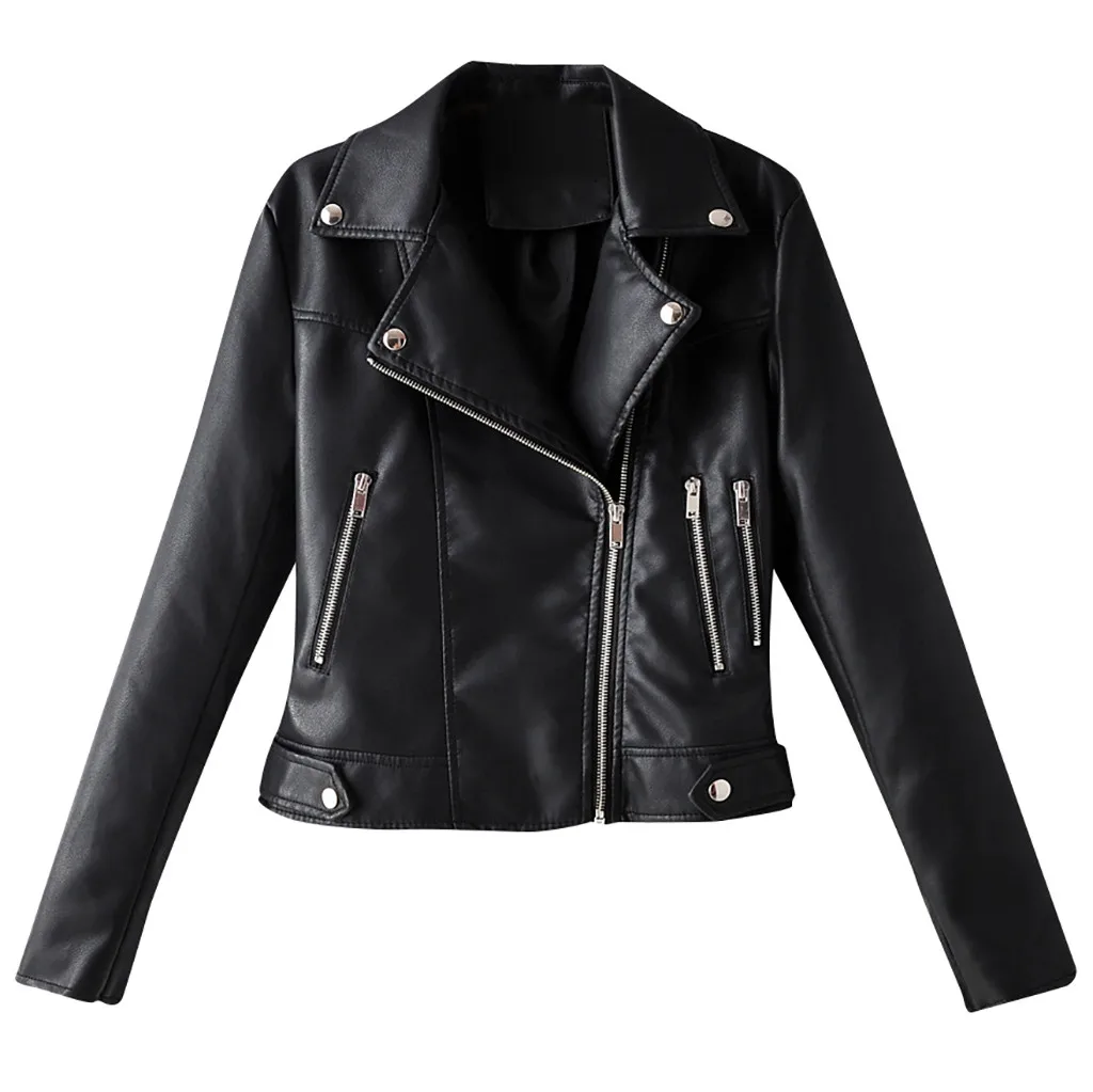 

2019 Autumn Women faux Leather Jacket Gothic Black moto jacket Zippers Long sleeve Goth Female PU Faux Leather Jackets Outwear
