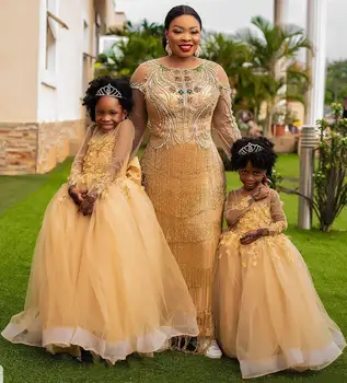 

New Customized Mother Daughter Matching Dress Champagne Lace Applique Flower Girl Dress Wedding Party Pageant Gown for Girls