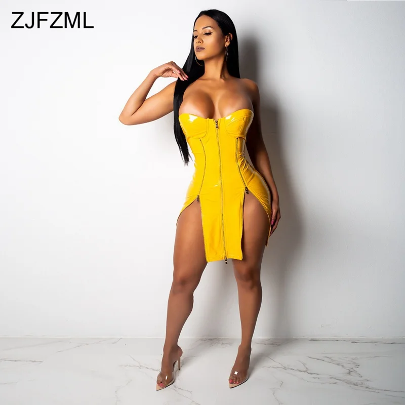 Yellow ZJFZML из искусственной кожи пикантные вечерние платье Для женщин платье с разрезом спереди на молнии с открытыми плечами Бандажное платье осень-зима платье без бретелек без спинки - Цвет: Yellow
