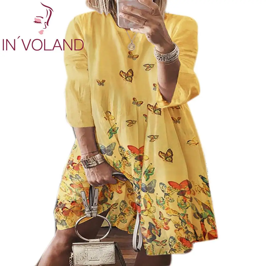 

Autumn Spring Women Dress Plus Size Vestidos Casual Floral Print O Neck 3/4 Sleeve Beach Style Women's Dress Feminino Sundress