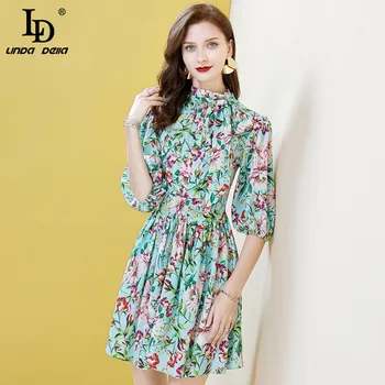 

LD LINDA DELLA Elegant Ruffles Party Dress Lantern Sleeve Multicolor Floral Print Women Summer Vintage Ladies Chic Mini Dresses