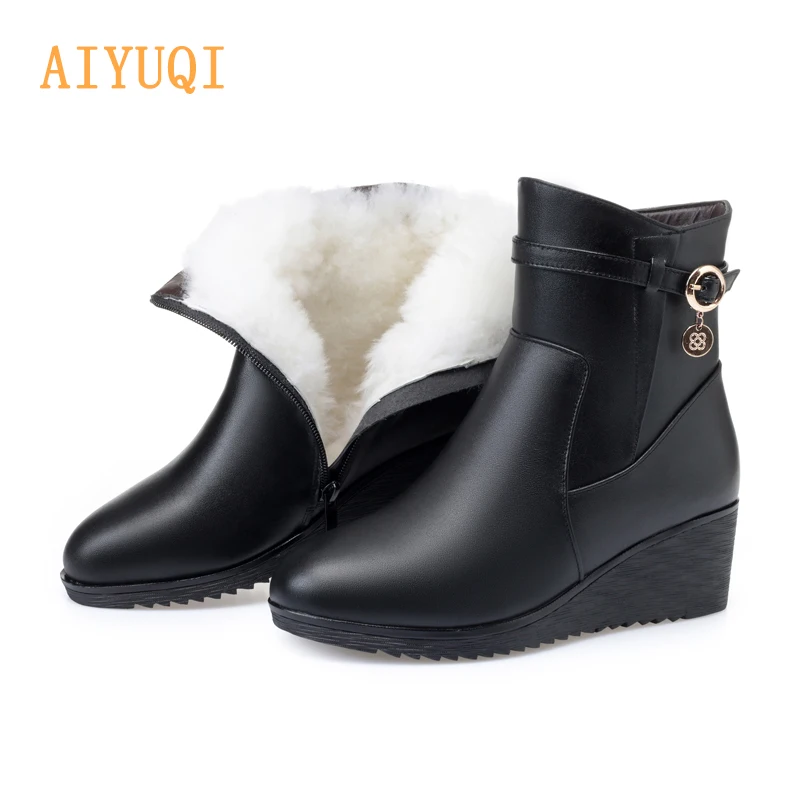 black wool Зимние повседневные женские сапоги из натуральной кожи; нескользящие зимние сапоги на танкетке с боковой молнией; большие размеры 35-43 - Цвет: black wool
