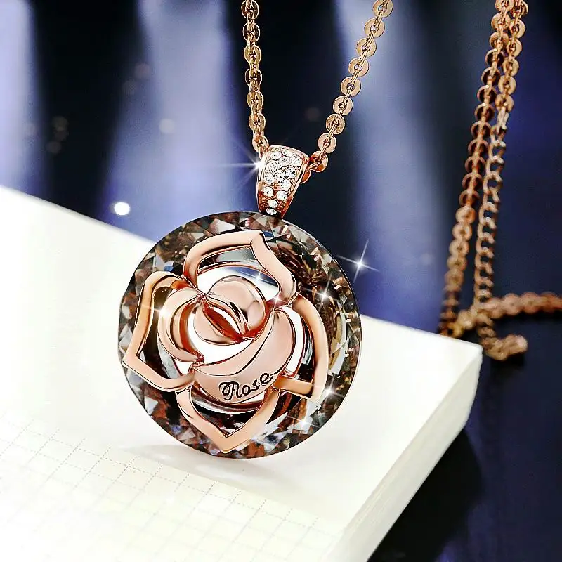 Мода Роза цветок Длинная цепочка с кулоном для женщин элегантный свитер ожерелье s