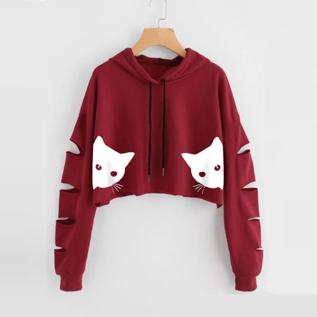 Hoodies Women Autumn 2019 Cartoon Print Hollow out Hooded Streetwear Crop Top Hoodie Hoodies And Sweatshirts Women Pullovers
