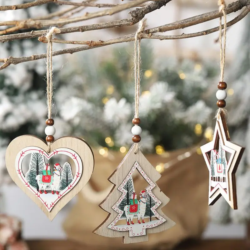 

3pcs/set Christmas Wooden Hollow Alpaca Hanging Pendan DIY Crafts Christmas Tree Ornaments New Year Xmas Decorations Gifts