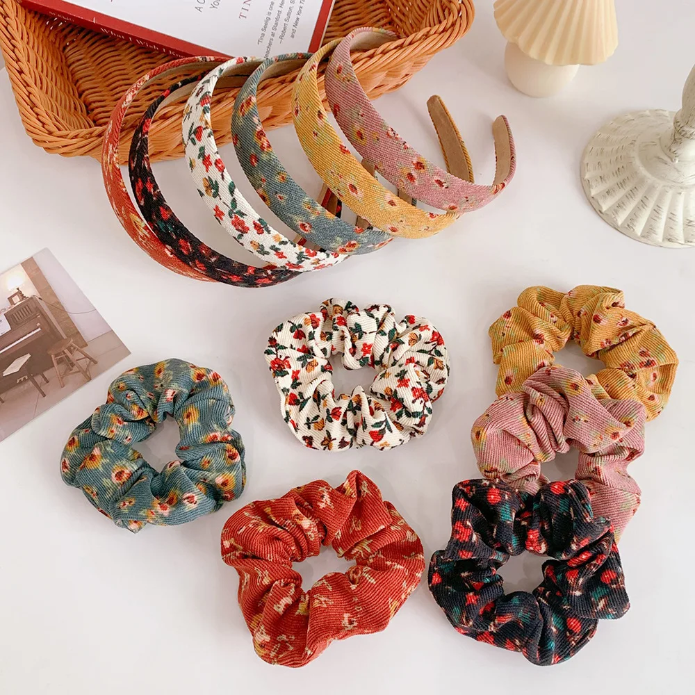 

Simple Fabric Floral Elastic Hair Bands large Hair Scrunchies Printed Corduroy Large Hair Ring For Girls Woman Hair Accessories