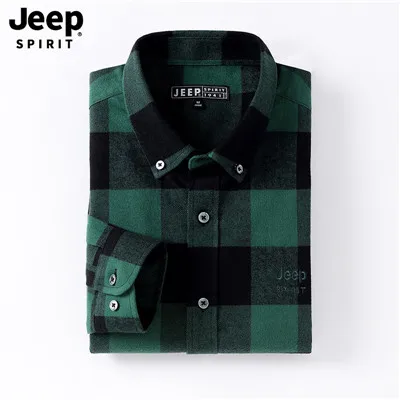 JEEP SPIRIT оригинальная Осенняя рубашка мужские повседневные, из чистого хлопка клетчатая рубашка для мужчин большой размер M-4XL рубашка с длинными рукавами Мужская - Цвет: Зеленый