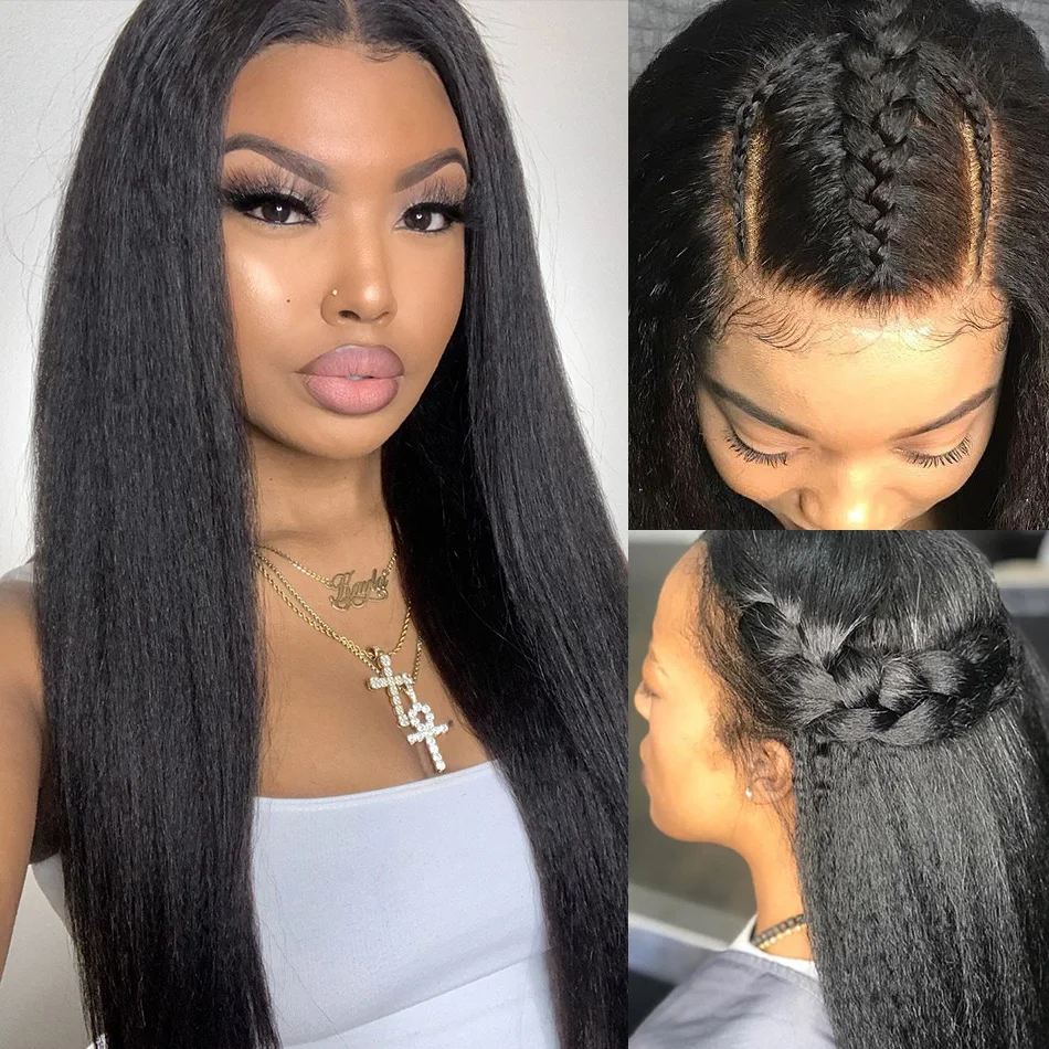 13x6 Transparent Lace Frontal Closure Wig Preplucked Kinky Straight Human Hair Wig Glueless remy coarse yaki 13x6 frontal wig