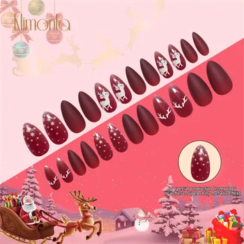 

24Pcs/Set New Design Red False Nails Acrylic Gel almond Shape Pre-Designed Fake Nail Tips Nail Art Decoration Christmas Salon