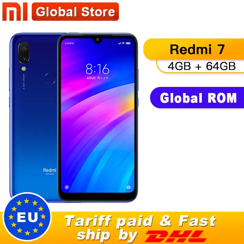 Смартфон Xiaomi Redmi 7 с глобальной ПЗУ, 4 ГБ, 64 ГБ, 4000 мА/ч, четыре ядра, Snapdragon 632, 12 МП камера, 6,26 дюймов, 19:9, полный экран.