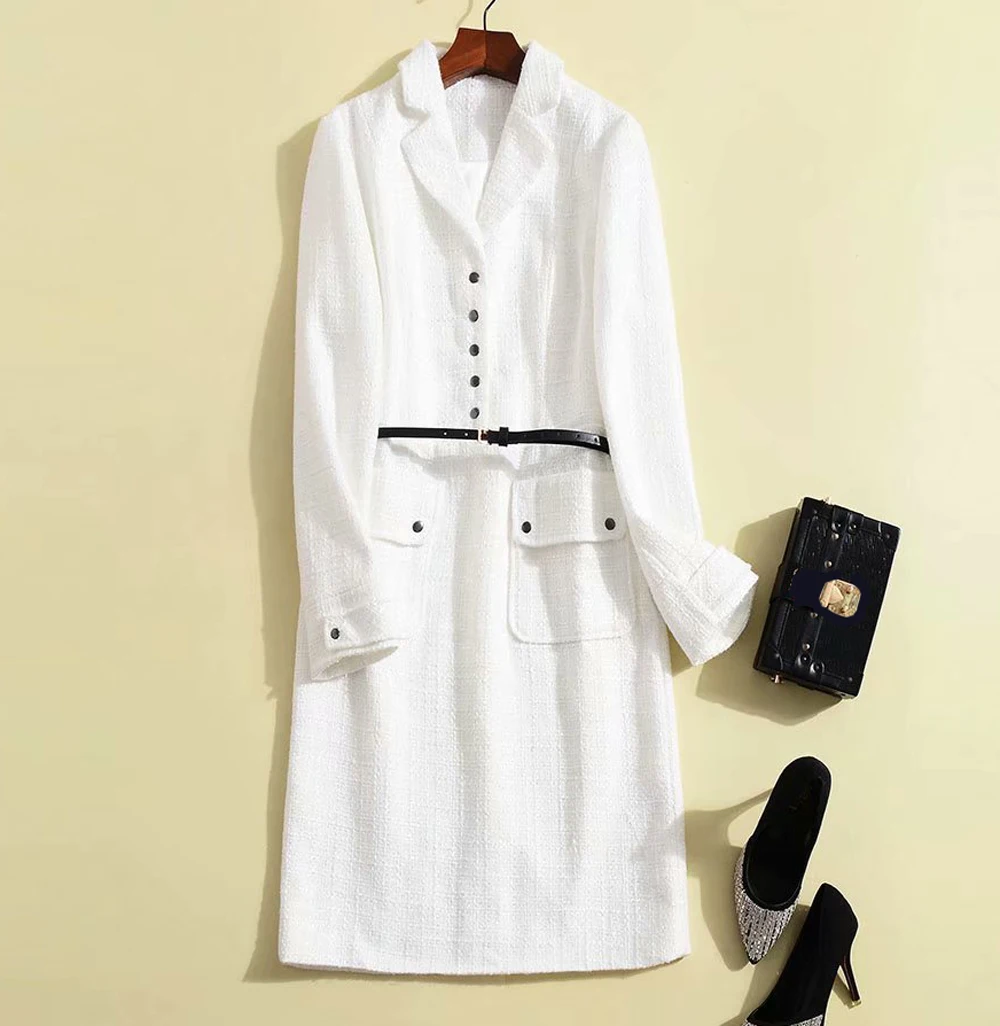 Red RoosaRosee Designer Women Autumn Long Sleeve Turn-down Collar White Tweed Dress Elegant Lady Party Mini Vestidos Robe Femme