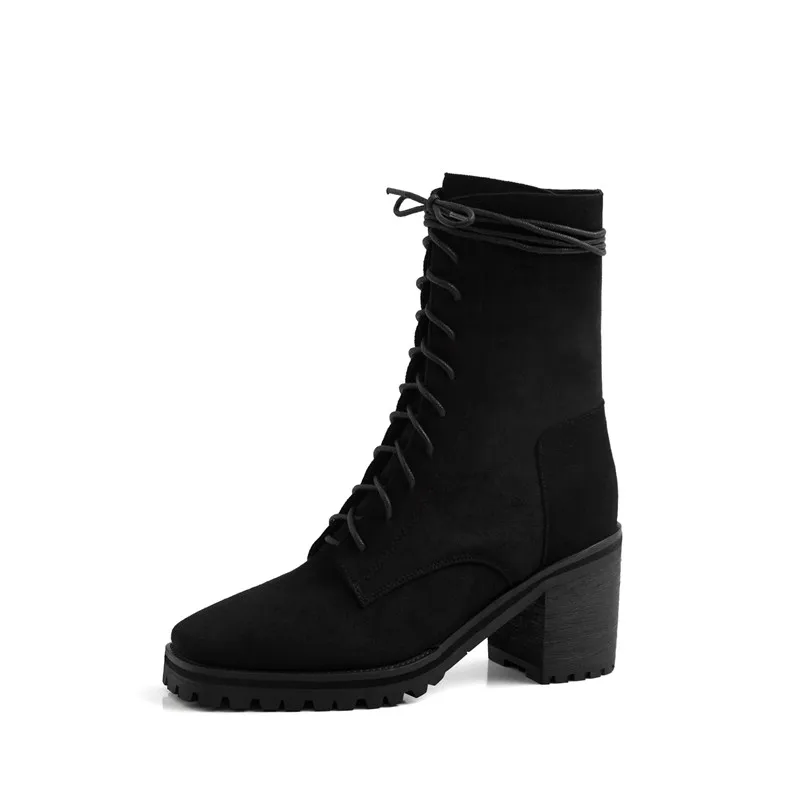 black flock MORAZORA/; горячая распродажа; ботильоны черного цвета на Высоком толстом каблуке с квадратным носком; удобные зимние женские ботинки из натуральной кожи - Цвет: black flock