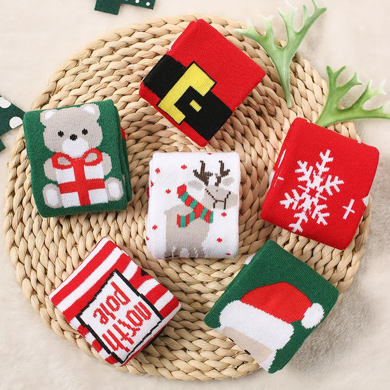 1 пара хлопковых зимне-осенних рождественских колготок, детские носки с орнаментом в виде елки, полосатые махровые носки со снежинками, лосями, Санта Клаусом
