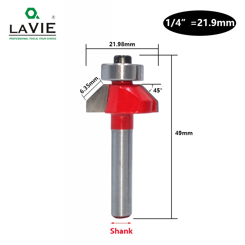 LAVIE 1pc 6mm 6.35mm Shank 45 Degree Chamfer Router Bit Edge Forming Bevel Woodworking Milling Cutter for Wood Bits MC01130