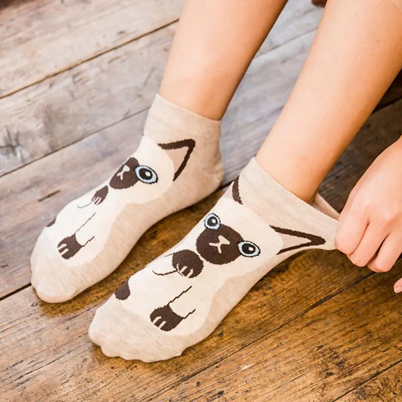 5 пар/компл. Для женщин удобные хлопковые носки-следки носки Kawaii милый кот печатных Harajuku с коротким Колготки чулочно-носочные изделия