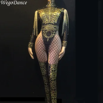 

New Women Sexy Gold Fringes Epaulet Rhinestones Jumpsuit Jazz Dance Nude Stretch Bodysuit Outfit Evening Show One-piece