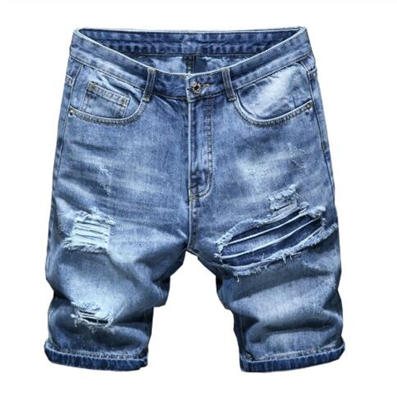 

New Men's male fashion casual holes ripped blue denim shorts Summer casual slim straight jeans