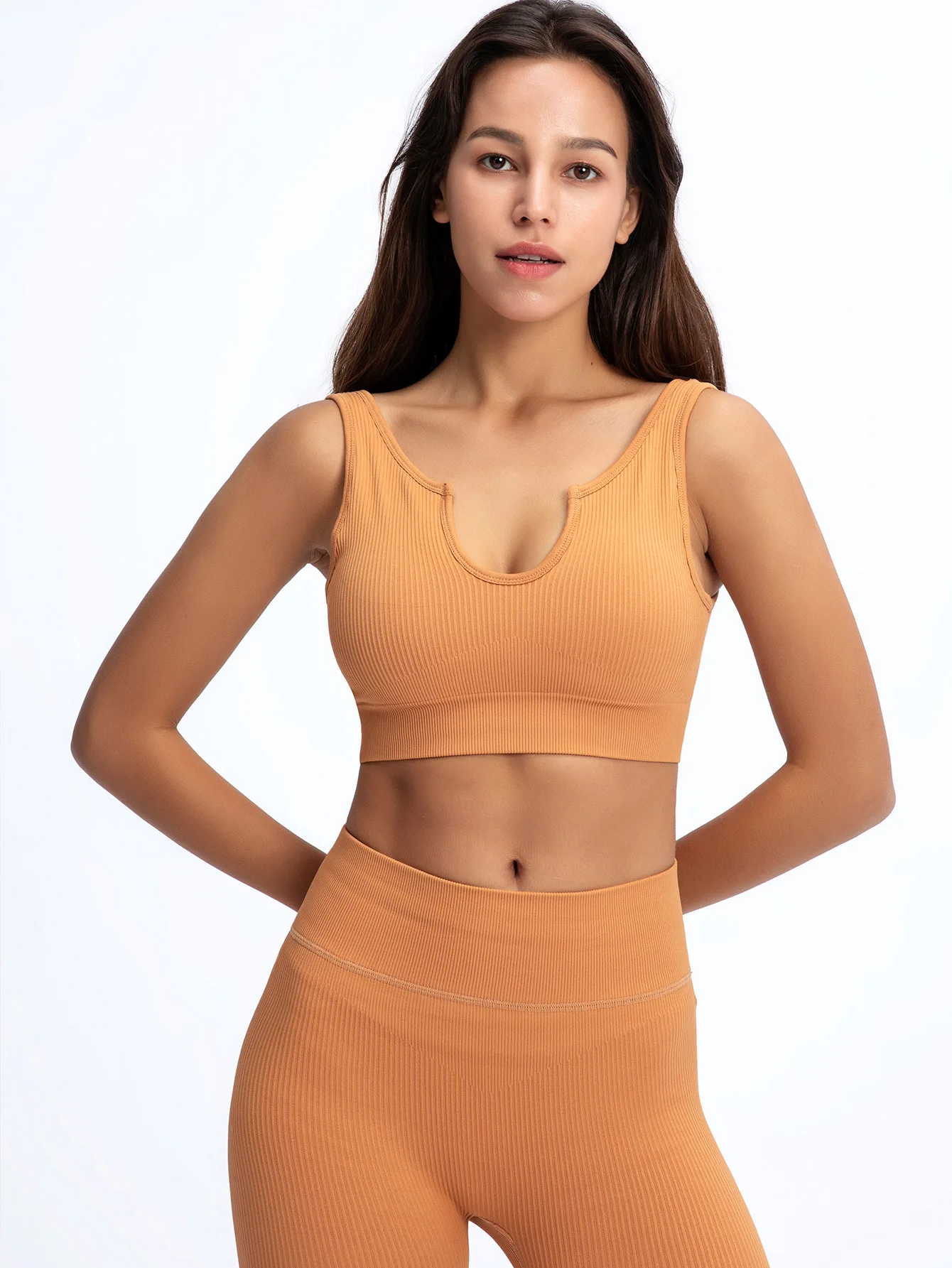 BURGUNDY 2 Piece Set Ribbed Seamless Outfits Yoga Leggings Fitness Wear Womens Sports Bra Gym Pants Workouts Scoop Notch CARAMEL