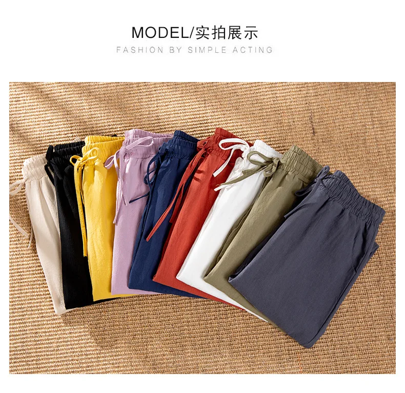 Spring Cotton Linen Pants Plus Size Loose Women Ankle Length Harem Pants Pocket Elastic High Waist Casual Trousers Orange Black
