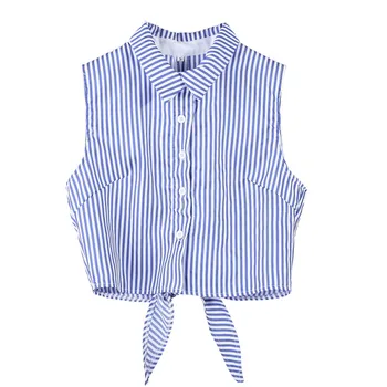 

Sexy Summer Women blue striped Back hole bow knot tied button down V neck Sleeveless Shirt Vest Ladies Tank Tops Blouse