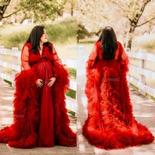 

Women's Red Maternity Robe Long Tulle Bridal Bathrobe Dressing Gown Perspective Sheer Puffy Wedding Party Photoshoot Dress