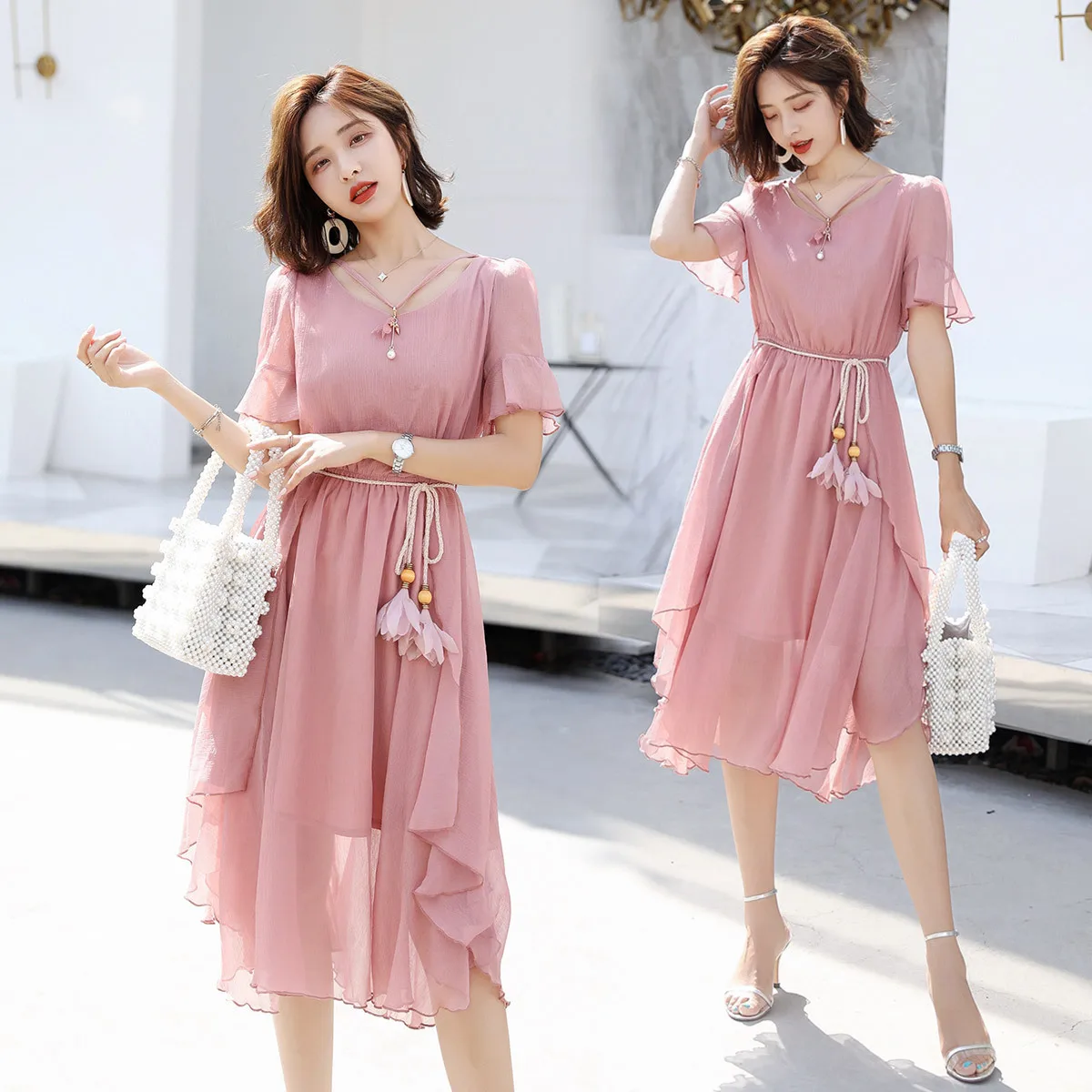 

Chiffon Dress Hipster Women's 2019 Summer New Style Korean-style Fashion Waist Hugging Slimming Elegant Xian Qi Skirt Fashion