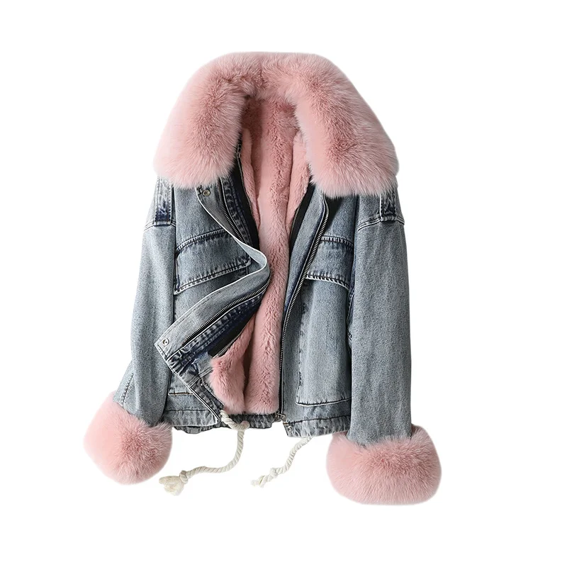 AYUNSUE Parka Real Fur Coat Female Rabbit Fur Liner Denim Jacket Winter Coat Women Fox Fur Collar Warm Korean Jackets MY - Color: pink