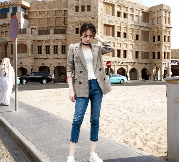 Женский костюм, пиджак в клетку, Осенний Повседневный модный тонкий корейский темперамент, Женский клетчатый костюм с длинными рукавами, женский костюм, куртка
