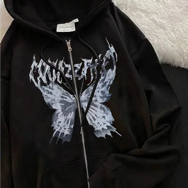 Y2k Butterfly Hoodie Women'S Zipper Harajuku Sweatshirt Fall/Winter Couples European And American Punk Oversized Hoodie Jacket L-0002 black