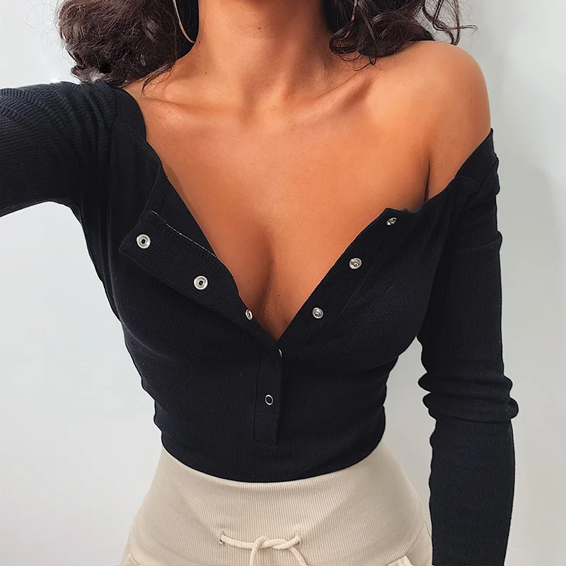 

V Neck Knitted Bodysuit Knitted Buttons Rompers Autumn 2020 Casual Skinny Elastics Solid Color Fashion Ribbed Cotton D227