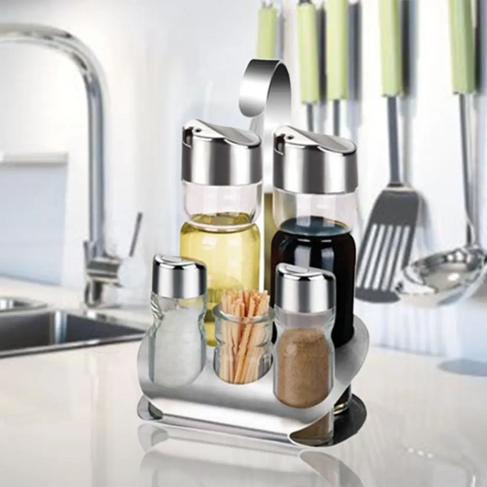 

5PCS Cruet Set With Toothpick Box Anti-dust Moisture-proof Stainless Steel Dining Table Counter Top Seasoning Box Set