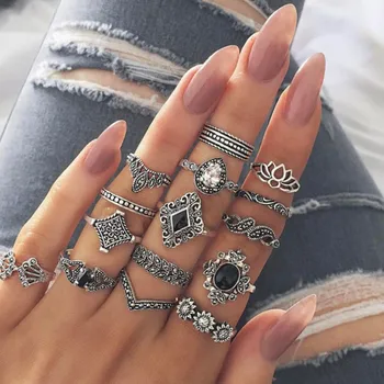 

top selling product in 2020 15Pcs Vintage Women Mid Ring Set Flower Crown Hollow Out Joint Knuckle Nail Ring Support Wholesale