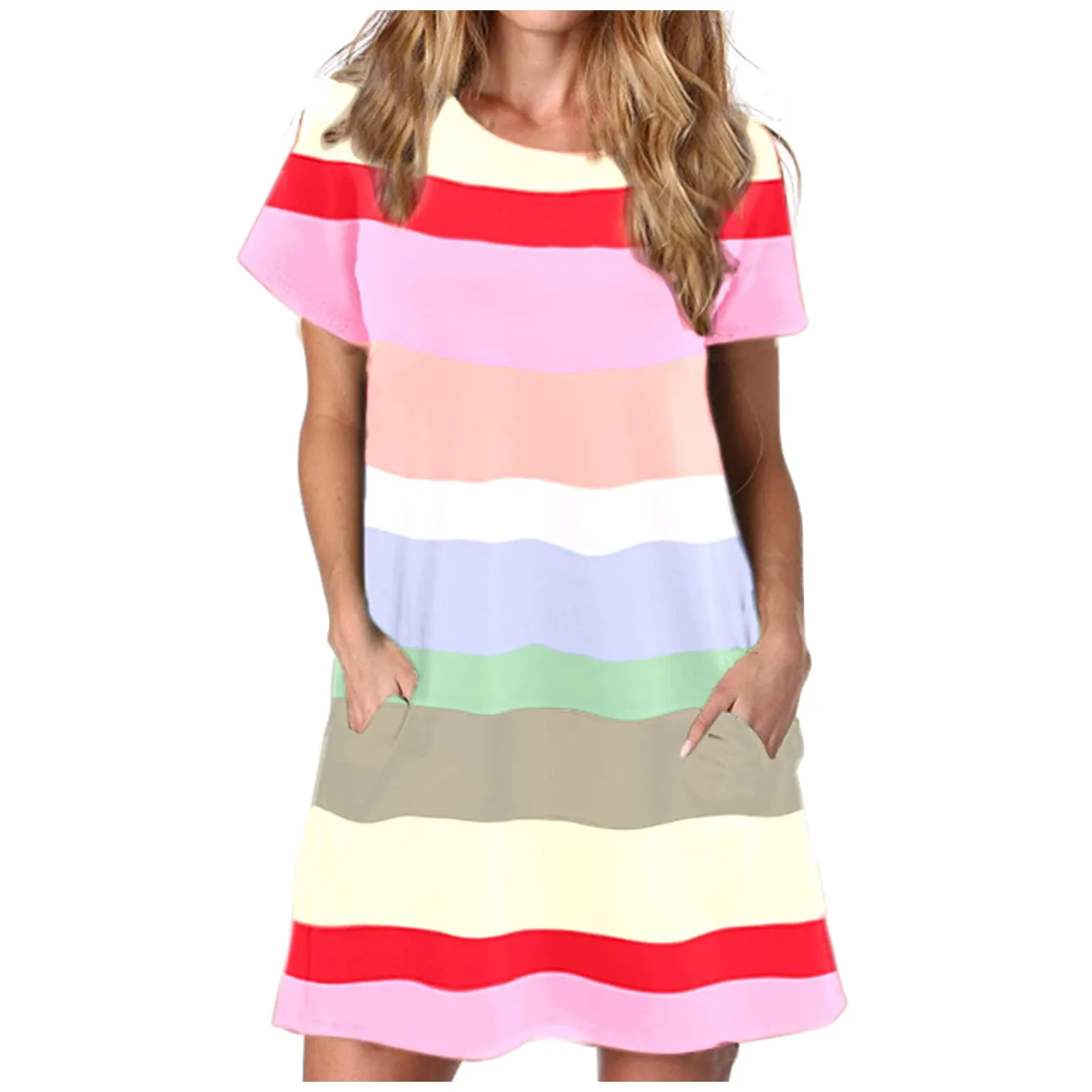 Fashion Women's Leisure Dress Summer Noble And Elegant Stripe Print Loose Short Sleeve Dress O-neck Dress Mujer Vestido 2